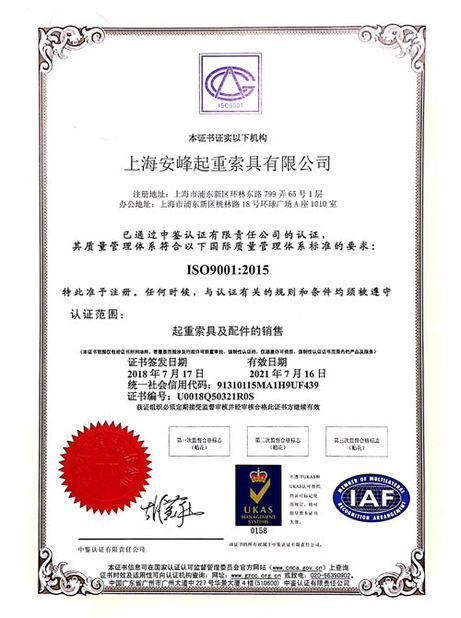Porcellana Shanghai Anfeng Lifting &amp; Rigging LTD. Certificazioni