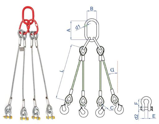 Sling di sollevamento di filo di acciaio galvanizzato a 4 vie di 48 mm